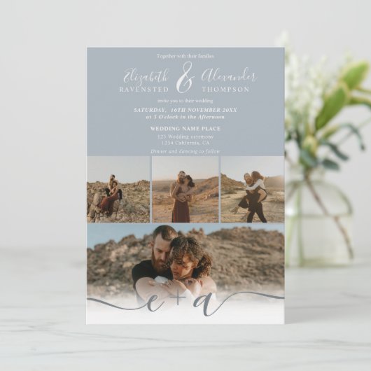 Modern stoffig blauw chic 5 Foto's script bruiloft Kaart (Staand voorkant)