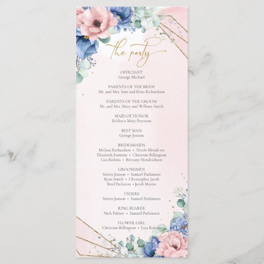 Modern stoffig blauw en roos gouden bloemen bruilo programmakaart (Achterkant)