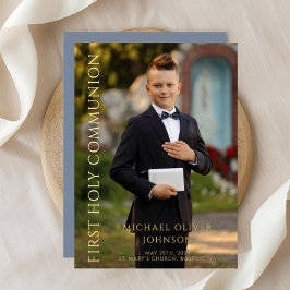 Modern stoffig blauw fotojongen eerste communie go folie uitnodiging