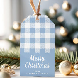 Modern stoffig blauw geplakt vrolijk kerstfeest cadeaulabel