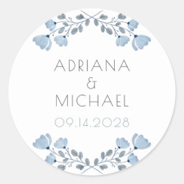 Modern Stoffig Blauw Grijs Bloemen Bruiloft Ronde Sticker