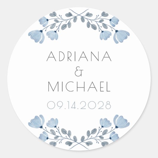 Modern Stoffig Blauw Grijs Bloemen Bruiloft Ronde Sticker (Voorkant)