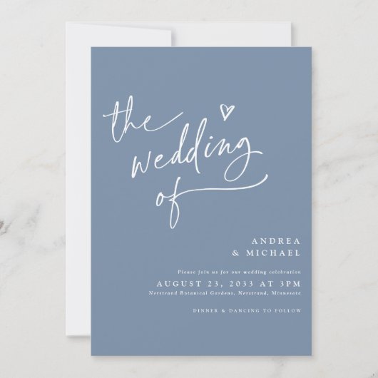Modern stoffig blauw handschrift hart bruiloft kaart (Voorkant)