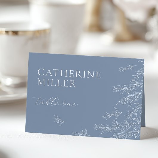 Modern stoffig blauw Minimal Leaves Place Card Kaart