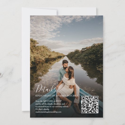 Modern Stoffig Blauw Monogram Foto QR Code Bruilof Kaart (Achterkant)