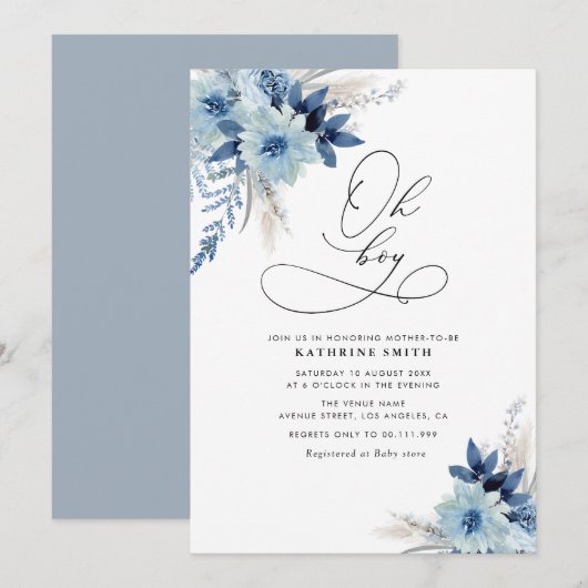 Modern stoffig blauw pampas floraal baby shower kaart (Voorkant / Achterkant)