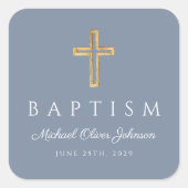 Modern Stoffig Blauw Religieus Kruis Jongen Doop Vierkante Sticker (Voorkant)