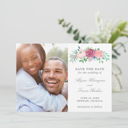 Modern Stoffig Blauw Roze Bloemen Elegante Bruilof Save The Date (Staand voorkant)