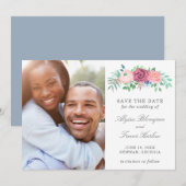 Modern Stoffig Blauw Roze Bloemen Elegante Bruilof Save The Date (Voorkant / Achterkant)