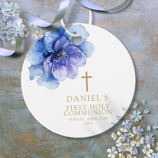 Modern stoffig blauw Waterverf Bloemen Heilige Com Bedankjes Labels