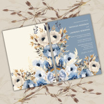 Modern stoffig blauw Waterverf bloemenbruiloft