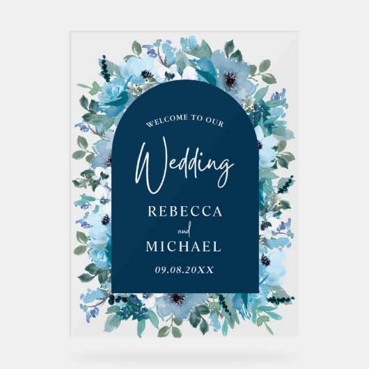 Modern stoffig blauw wit bloemen bruiloft welkom acryl bord (Voorkant)