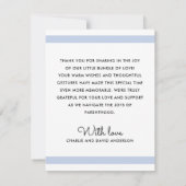 Modern stoffig blauw wit nieuwe baby doop foto bedankkaart (Achterkant)