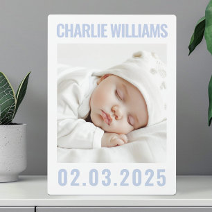 Modern stoffig blauw wit nieuwe baby naam datum fo fotoplaat