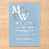 Modern stoffig blauw Zee glas monogram bruiloft Acryl Uitnodigingen (Voorkant)