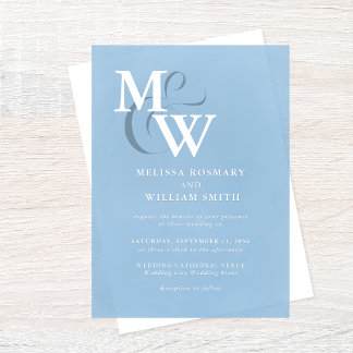 Modern stoffig blauw Zee glas monogram bruiloft Acryl Uitnodigingen