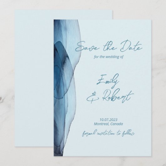 Modern, stoffig blauwe marine save the date (Voorkant / Achterkant)