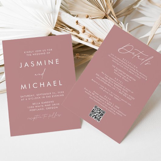 Modern stoffig Roos alles in één QR-code bruiloft Kaart