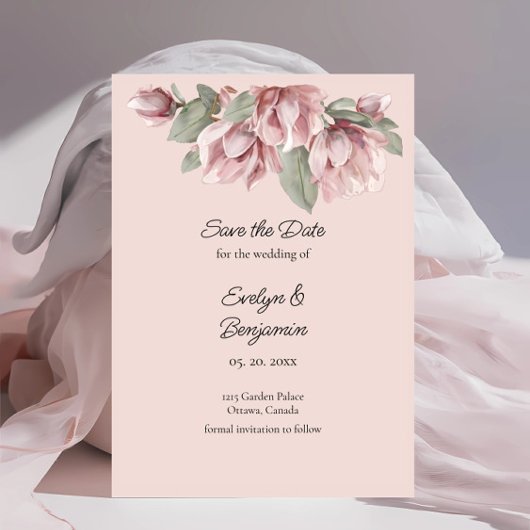Modern stoffig Roos Blush floral Bewaar de datum Save The Date