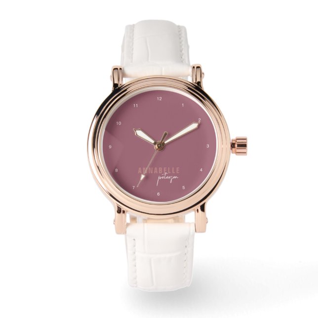 Modern stoffig Roos Minimal Script gepersonaliseer Horloge (Voorkant)