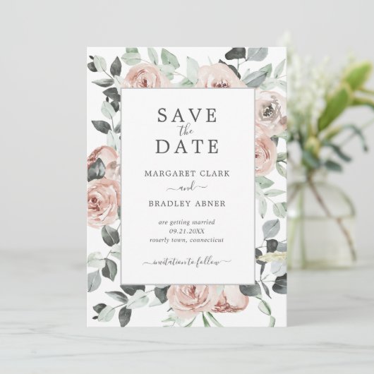 Modern Stoffig Roos Roze Bloemen Elegante Bruiloft Save The Date (Staand voorkant)