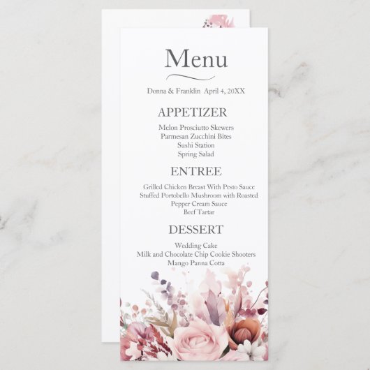 Modern stoffig Roos roze bruiloft Menu (Voorkant / Achterkant)