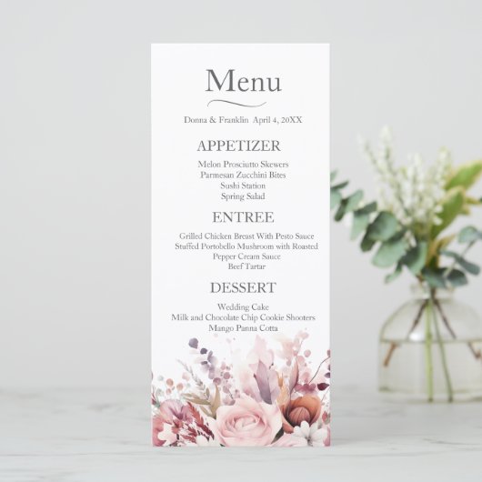 Modern stoffig Roos roze bruiloft Menu (Staand voorkant)
