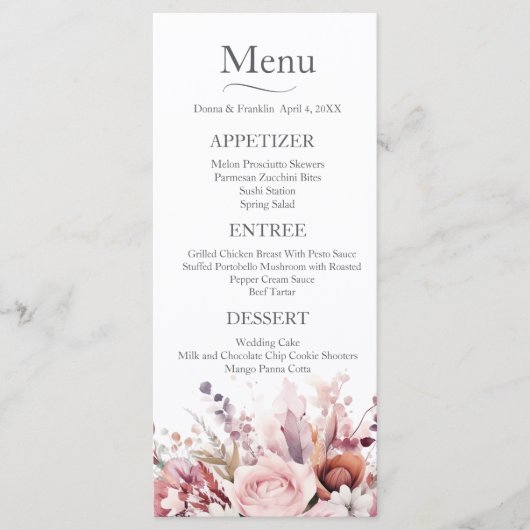 Modern stoffig Roos roze bruiloft Menu (Voorkant)