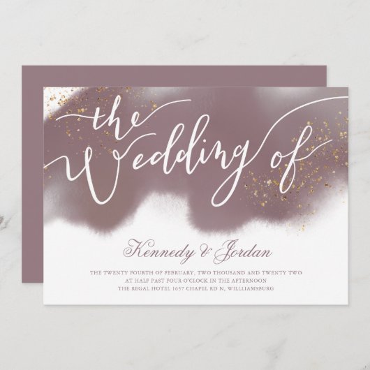 Modern stoffig Roos roze en gouden script bruiloft Kaart (Voorkant / Achterkant)