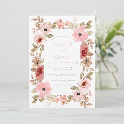 Modern stoffig roze bloemen Roos bruiloft Kaart (Staand voorkant)