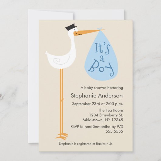 Modern Stork Baby shower Invitation - Boy Kaart (Voorkant)
