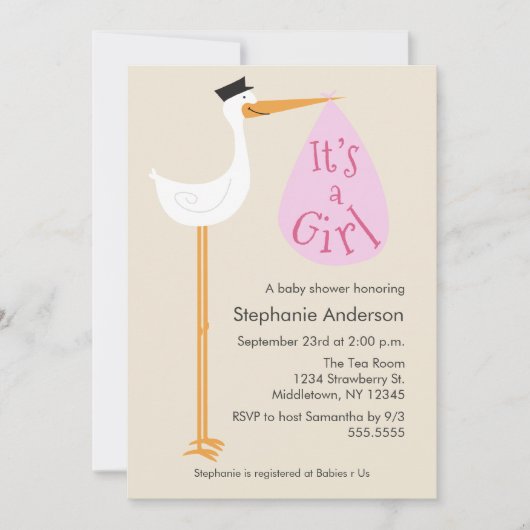Modern Stork Baby shower Invitation - Girl Kaart (Voorkant)