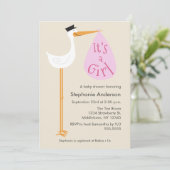 Modern Stork Baby shower Invitation - Girl Kaart (Staand voorkant)