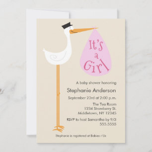 Modern Stork Baby shower Invitation - Girl Kaart