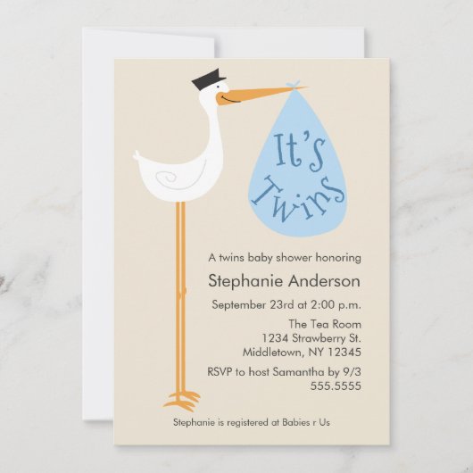 Modern Stork Baby shower Invitation - Twin Boys Kaart (Voorkant)