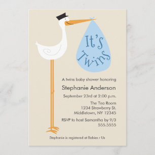 Modern Stork Baby shower Invitation - Twin Boys Kaart