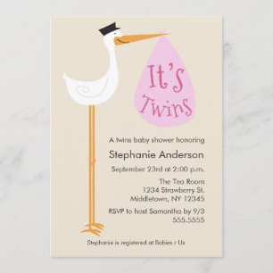 Modern Stork Baby shower Invitation - Twin Girls Kaart