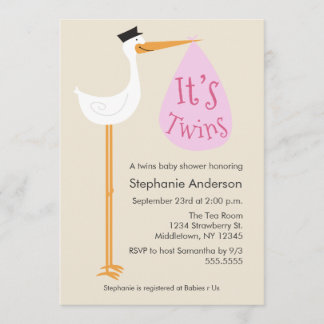 Modern Stork Baby shower Invitation - Twin Girls Kaart