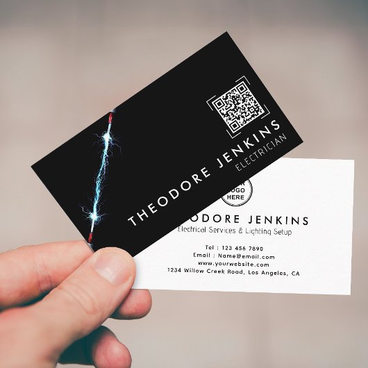 Modern Strak Zwart Elektrotechnicus QR Code Logo Visitekaartje