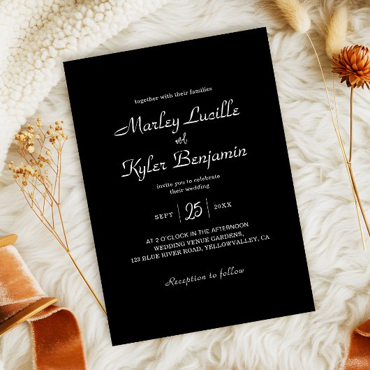 Modern strak zwart romantisch script namen bruilof kaart