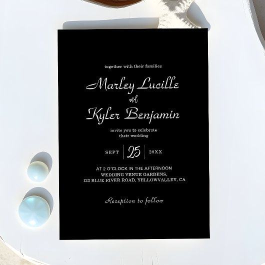 Modern strak zwart romantisch script namen bruilof kaart