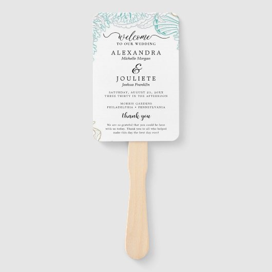 Modern strand | Blauwgroen huwelijksprogramma Hand Handwaaier (Voorkant)