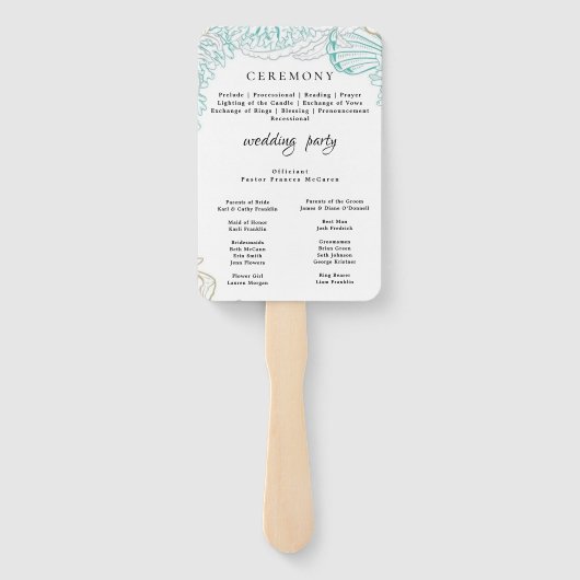 Modern strand | Blauwgroen huwelijksprogramma Hand Handwaaier (Achterkant)