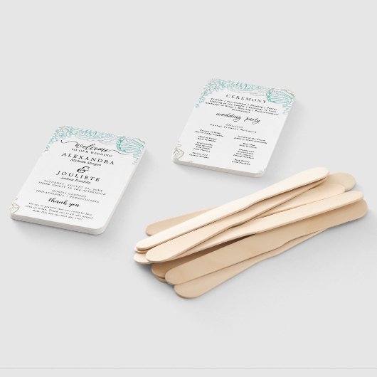 Modern strand | Blauwgroen huwelijksprogramma Hand Handwaaier (Niet-gemonteerd)