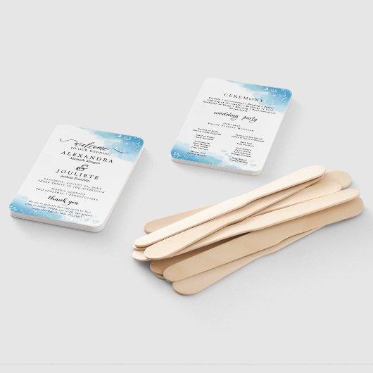 Modern strand | Blauwgroen huwelijksprogramma Hand Handwaaier (Niet-gemonteerd)