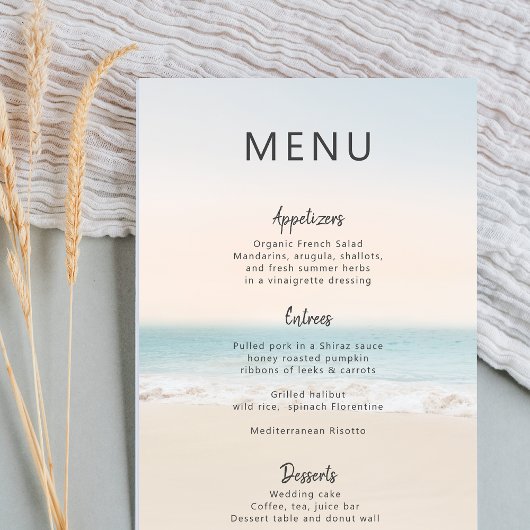 Modern strand bruiloft 3 gangen diner menu