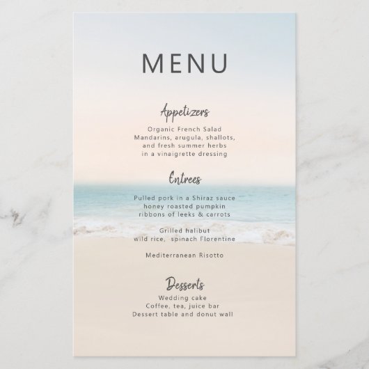 Modern strand bruiloft 3 gangen diner menu (Voorkant)