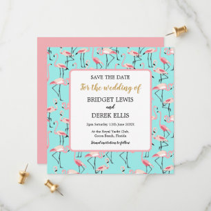 Modern strand bruiloft roze blauw flamingo save the date