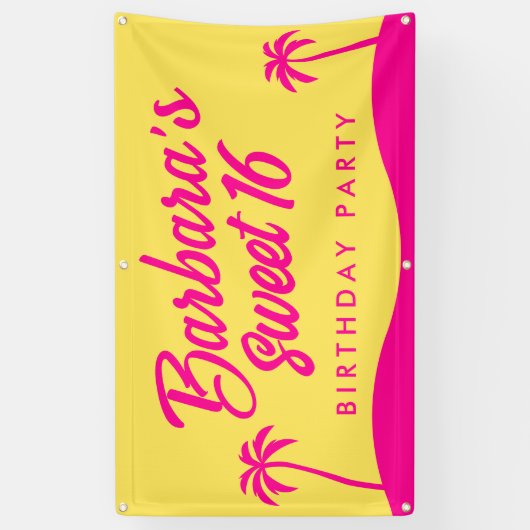 Modern Strand Geel Roze Script Sweet 16 Spandoek (Verticaal)