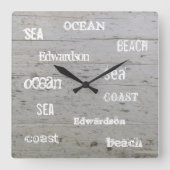 Modern strand hout oceaan script familienaam vierkante klok (Voorkant)